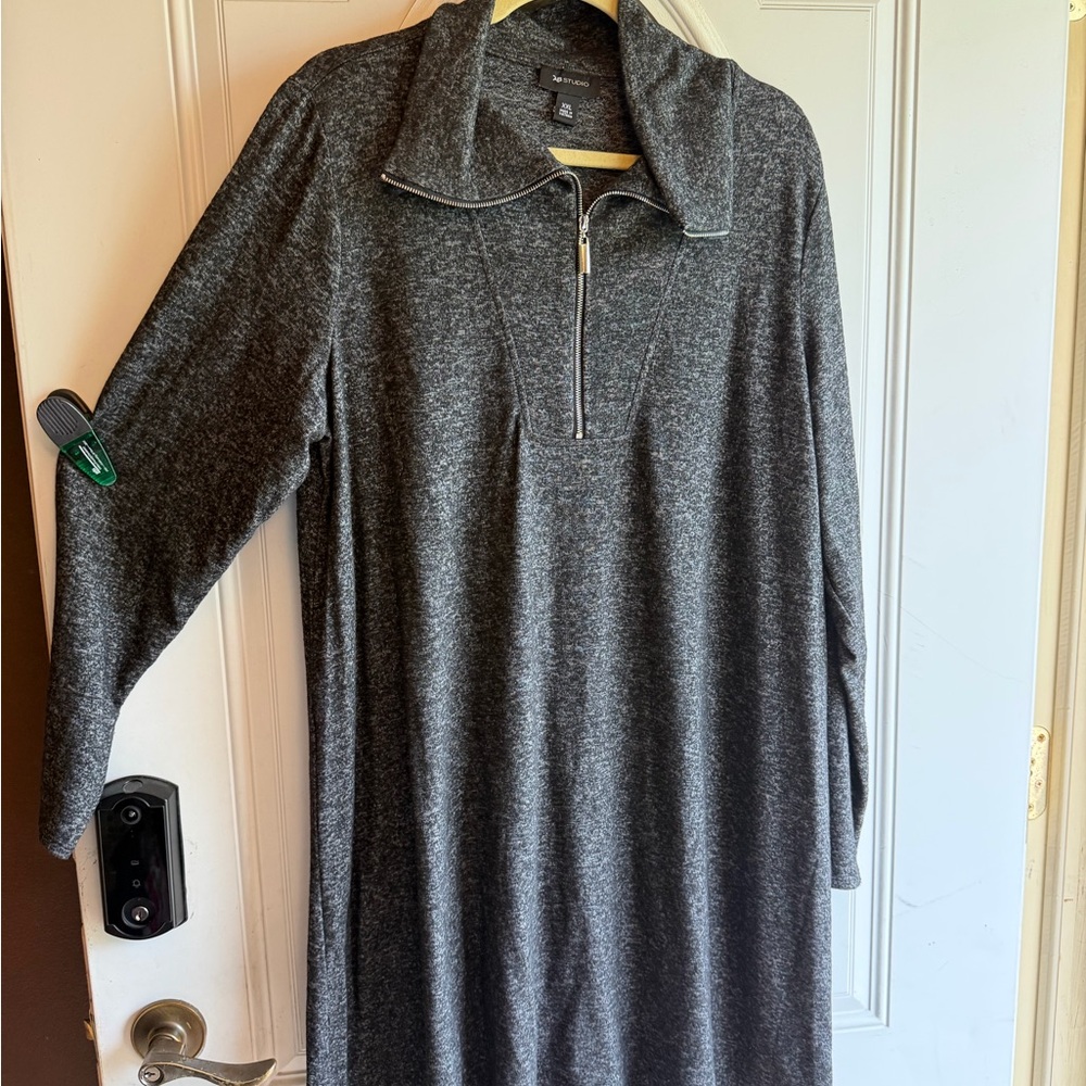 AB Studio Charcoal Gray Zip-Front Long Sleeve Dress